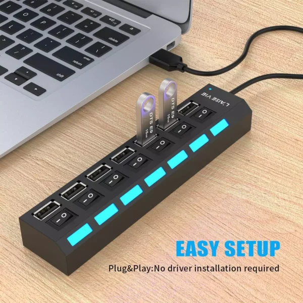 USB Hub Splitter Individual Switch Adapter Multi Powered ON OFF Charger for Laptop PC